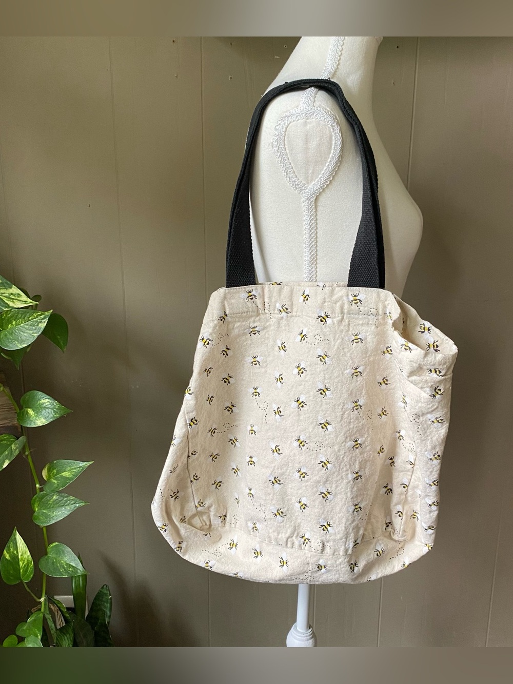 Cotton Canvas bee Tote Bag with Black Straps - Cream